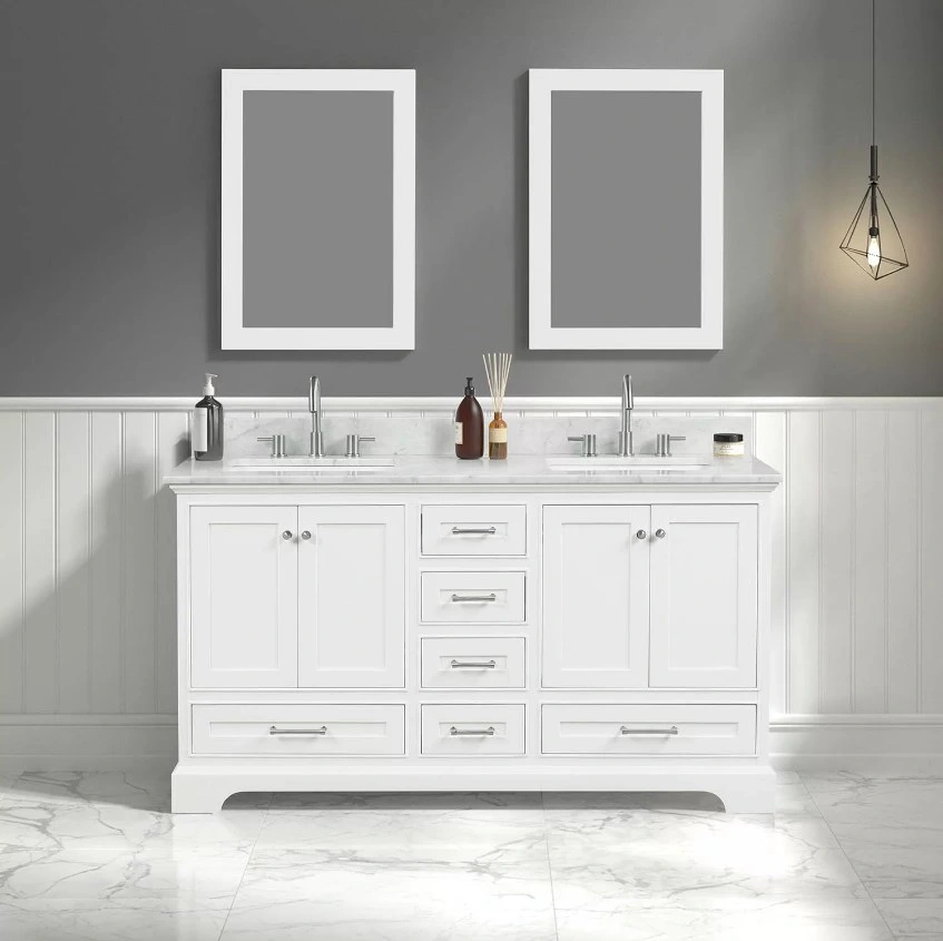 Wholesale Modern Style Double Sinks Free-Standing Bathroom Vanity Cabinet Unites Makeup Mirror with Ceramics Top and LED Mirror Furniture