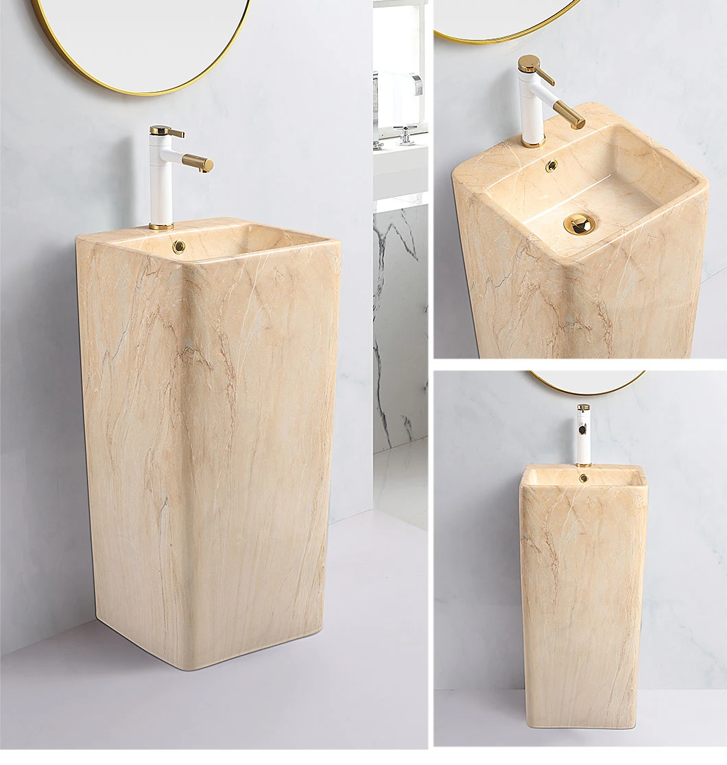 Luxury Marble Colored Pedestal Ceramic Sink Square Shape Modern Stand Single One Piece Bathroom Pedestal Basin