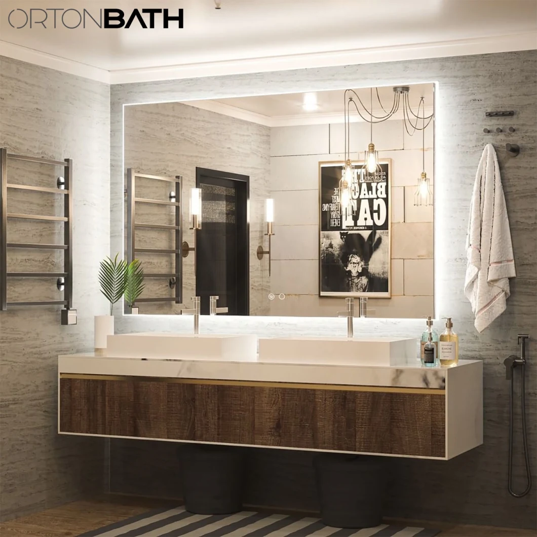 Ortonbath Rectangular Large Size Acrylic Frame Make up Smart Bathroom Backlit Anti Fog Vanity LED Light Mirror Wall Mirror Bath LED Mirror