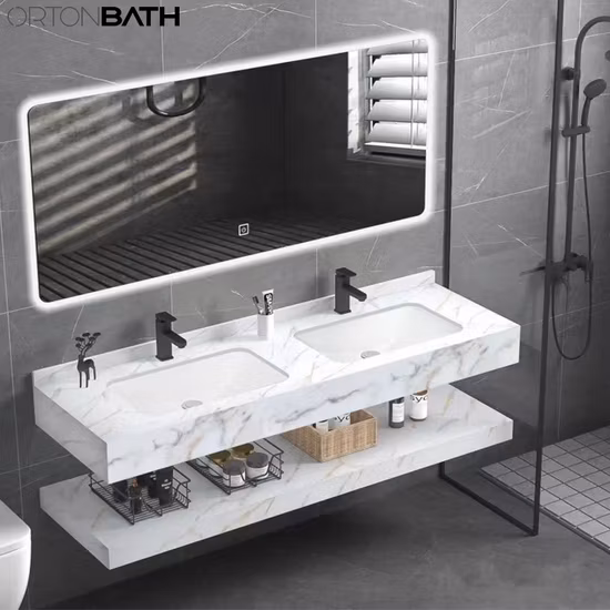 대리석 상판, 세면대, 소결석 스타일, 세면대를 갖춘 Ortonbath 현대식 욕실