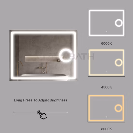 Ortonbath 전면 및 백라이트 연속 밝기 조절이 가능한 벽 거울, 김서림 방지 비산 방지 메모리 3색 이중 LED 세면대 장치